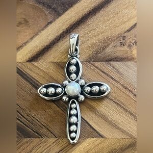 Sterling Silver Ball Bead & Pearl Cross Pendant